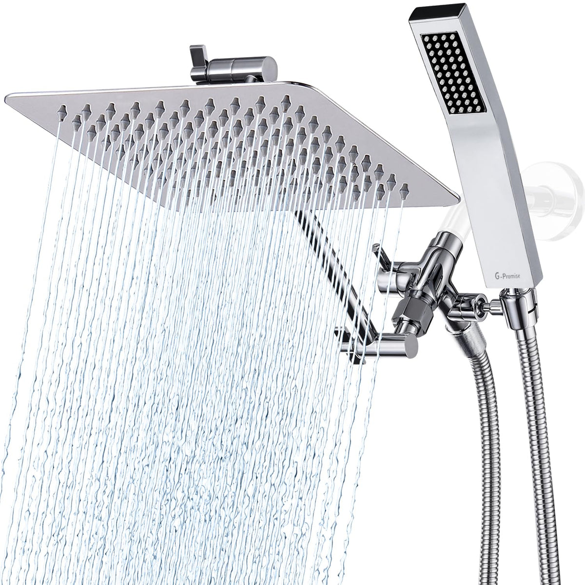 G-Promise all-metal 8-inch square shower head in stainless steel for a steady rainfall feel.