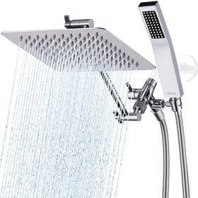G-Promise all-metal 8-inch square shower head in stainless steel for a steady rainfall feel.