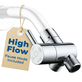 G-Promise all-metal high-flow diverter brass close-up showing full water flow.