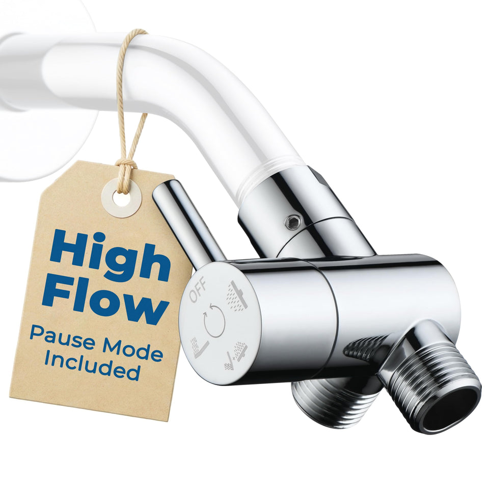 G-Promise all-metal high-flow diverter brass close-up showing full water flow.