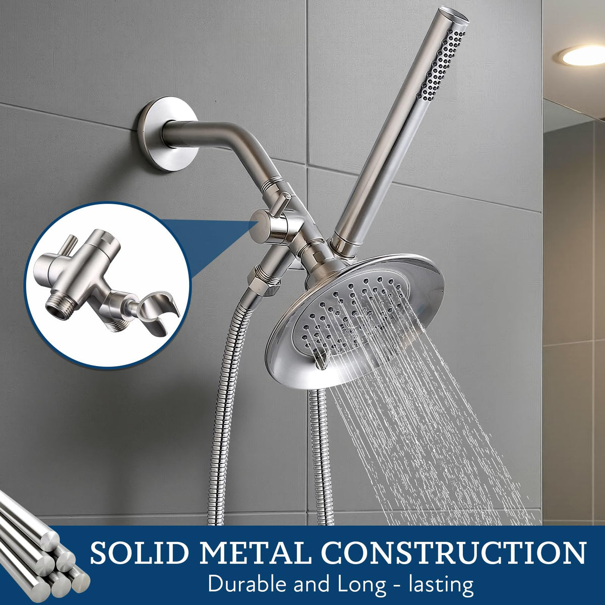 Inlet and two outlets with standard threads for flexible shower connections.