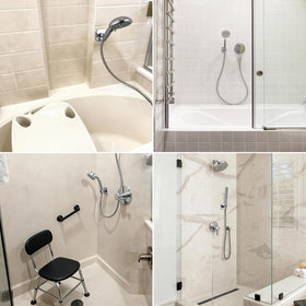 G-Promise metal shower head holder square chrome drill-free adhesive for renter-friendly mounting