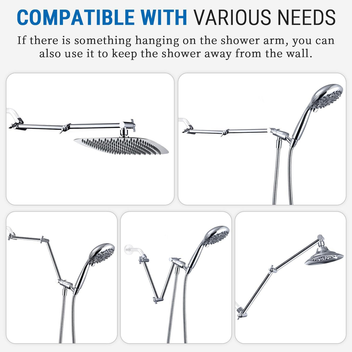 G-Promise solid brass extension arm offers durable support in the shower.
