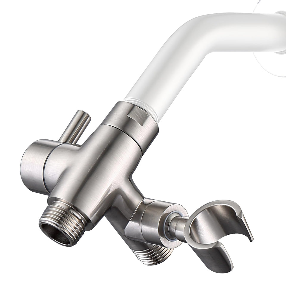 G-Promise solid metal shower arm diverter with brushed nickel finish for durability.