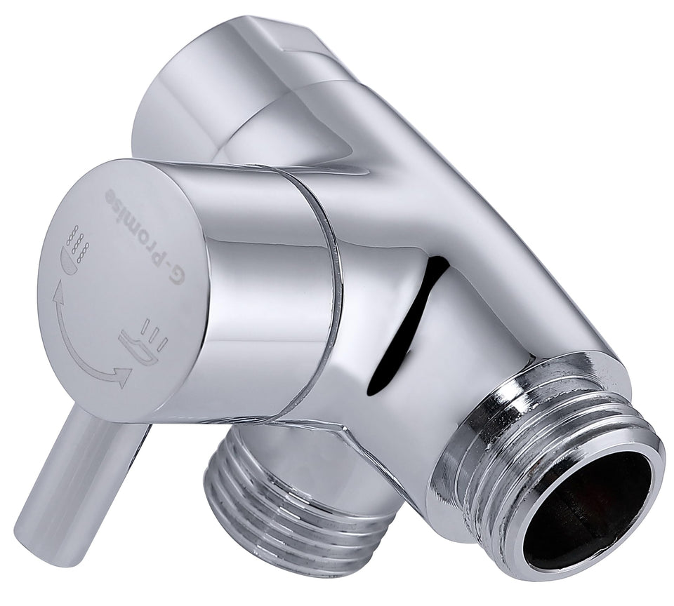 G-Promise solid metal shower arm diverter front view shows durable chrome construction for reliable water routing.