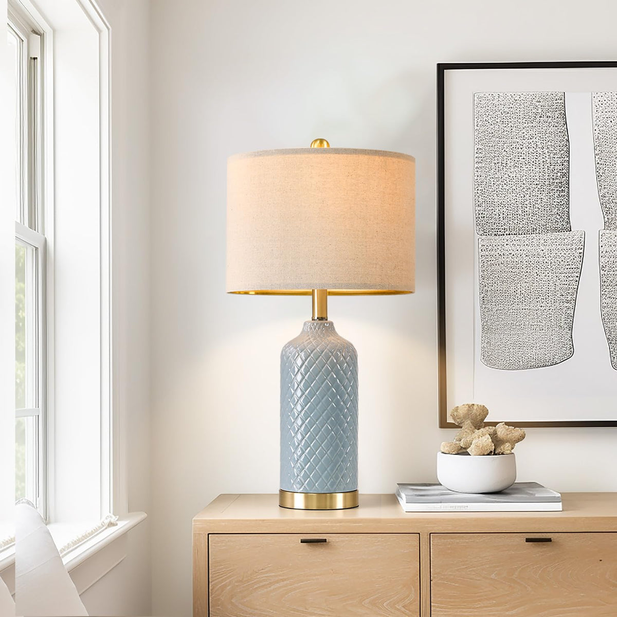 G-SAFAVA blue ceramic table lamp set 2 dim-lit setting for cozy evenings.
