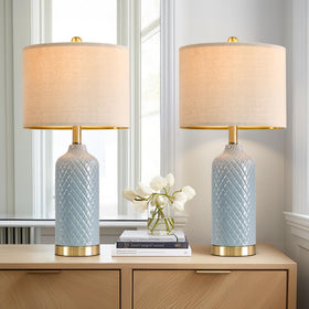 G-SAFAVA blue ceramic table lamp set 2 front view, soft ambient lighting for bedrooms.