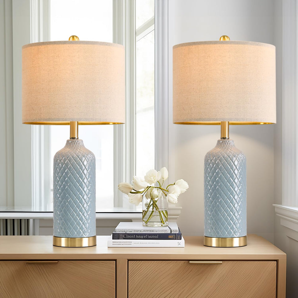 G-SAFAVA blue ceramic table lamp set 2 front view, soft ambient lighting for bedrooms.