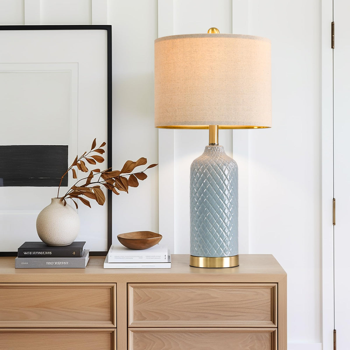 G-SAFAVA blue ceramic table lamp set 2 in living room, cohesive upscale touch.