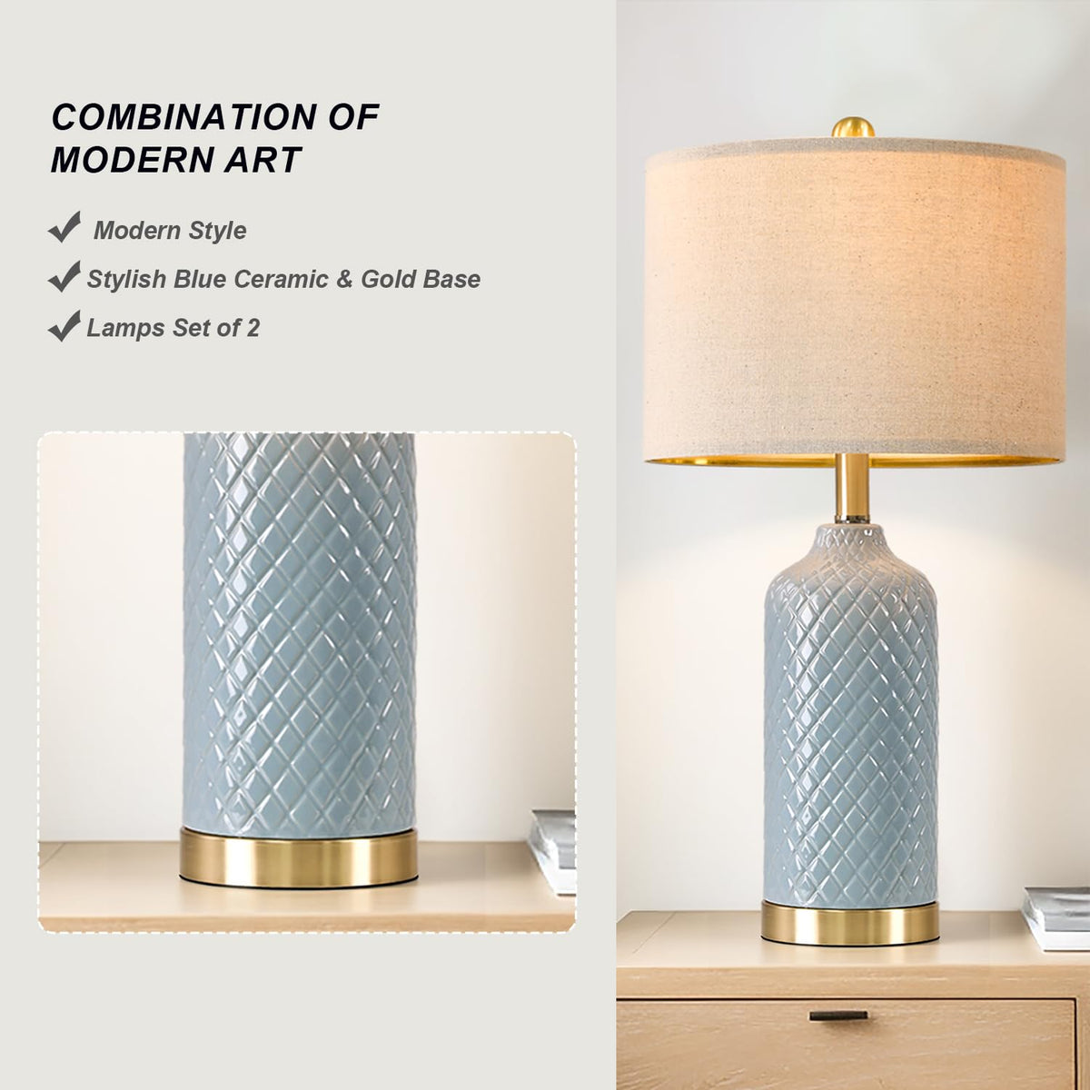 G-SAFAVA blue ceramic table lamp set 2 on nightstand, ideal bedside reading light.