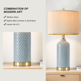 G-SAFAVA blue ceramic table lamp set 2 on nightstand, ideal bedside reading light.