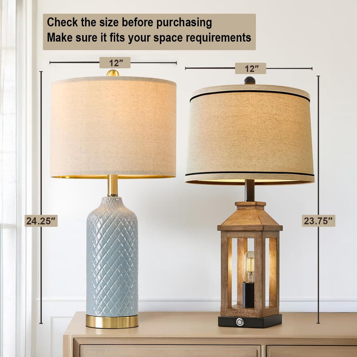 G-SAFAVA blue ceramic table lamp set 2 side view, elegant nightstand accent.