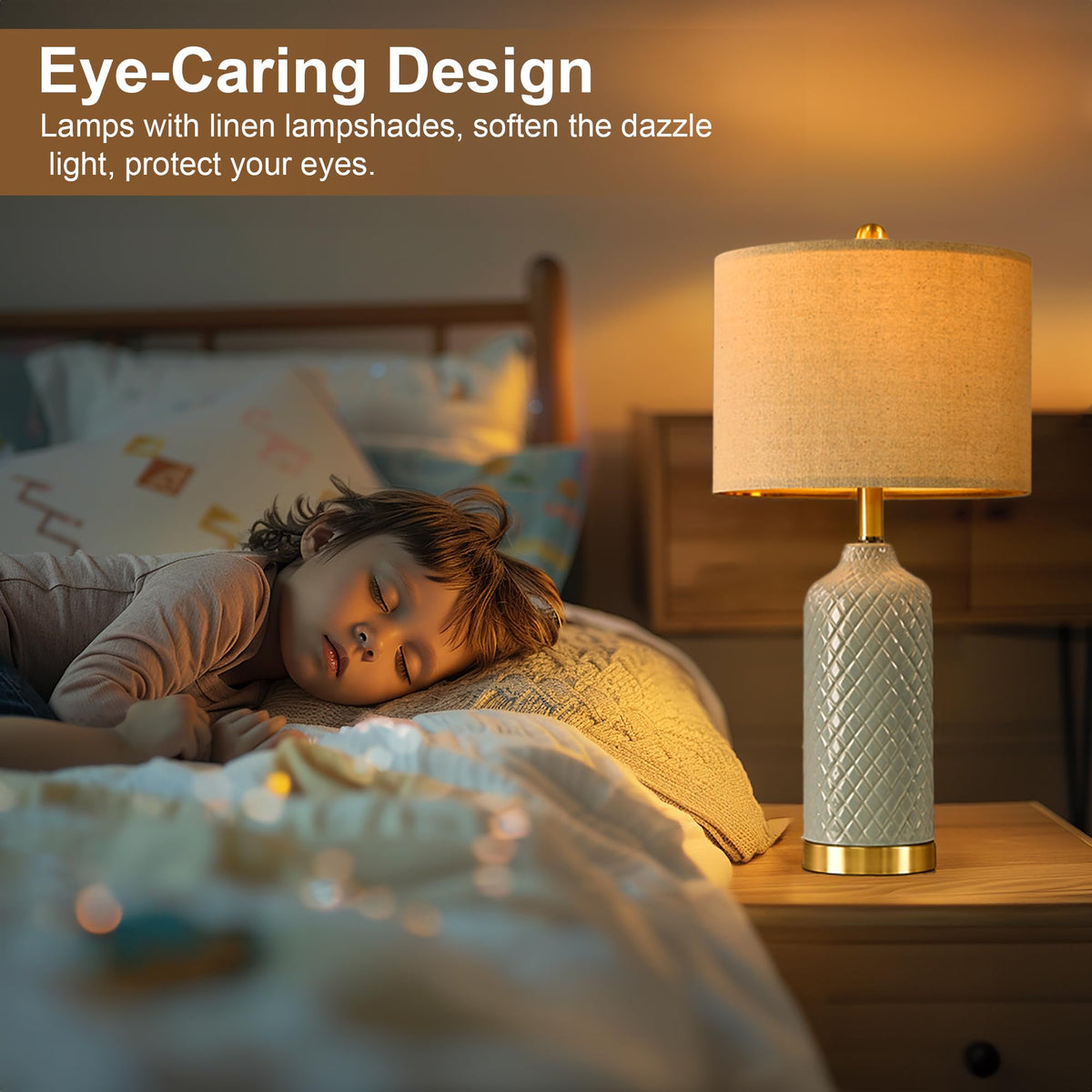 G-SAFAVA blue ceramic table lamp set 2 with white linen shade, gentle glow for evenings.