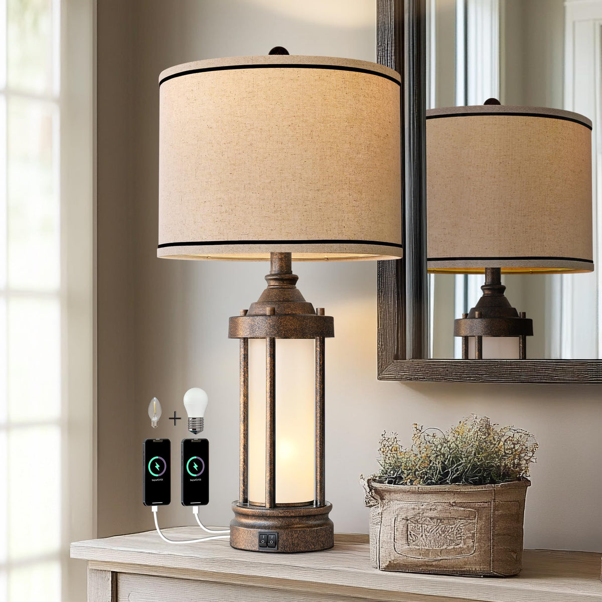 G-SAFAVA lamp with dual USB ports ideal for nighttime device charging.