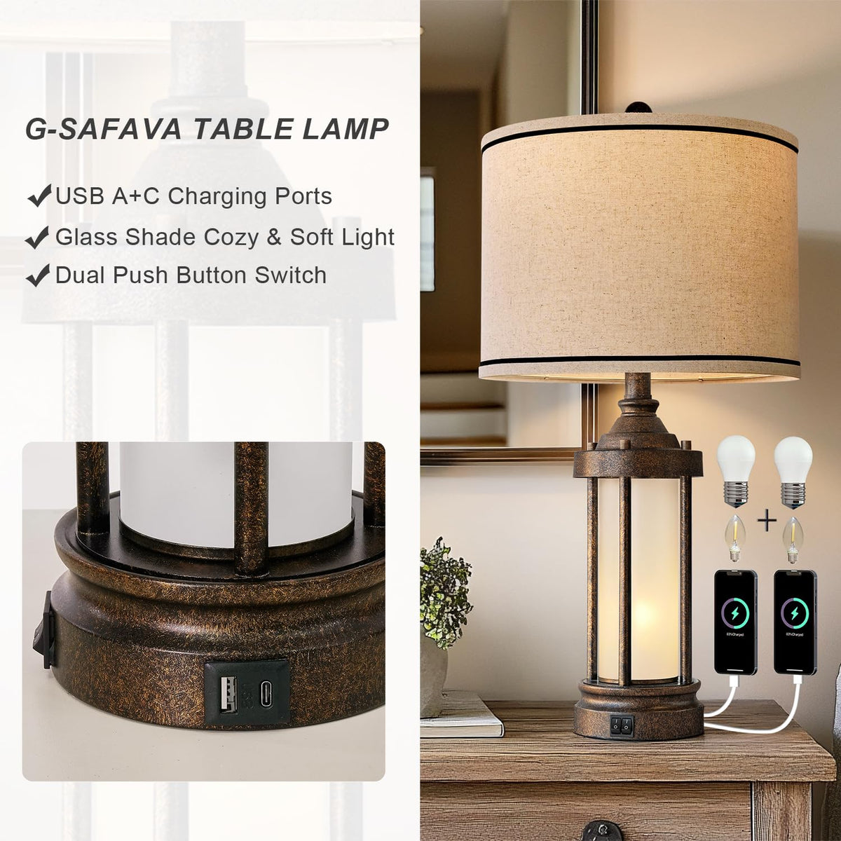 G-SAFAVA night light feature with frosted glass bottom for soft glare-free glow.