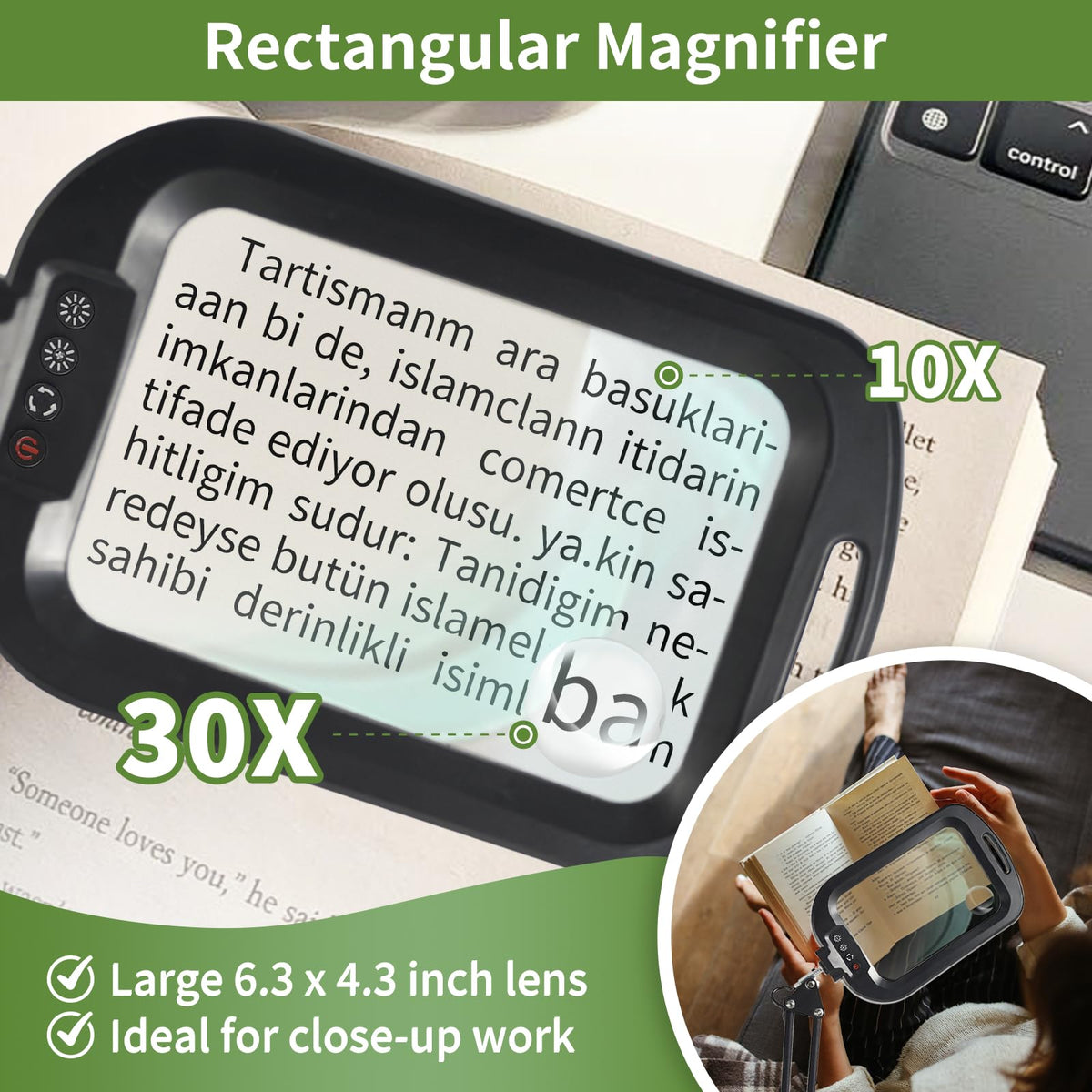 Desktop setup of GABORISH magnifier with stand for hands-free use