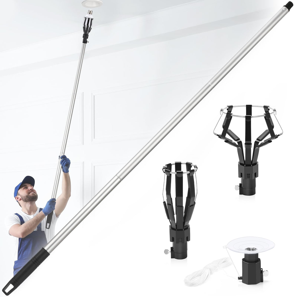 GADFISH 12FT light bulb changer setup showing extended reach for high ceilings.