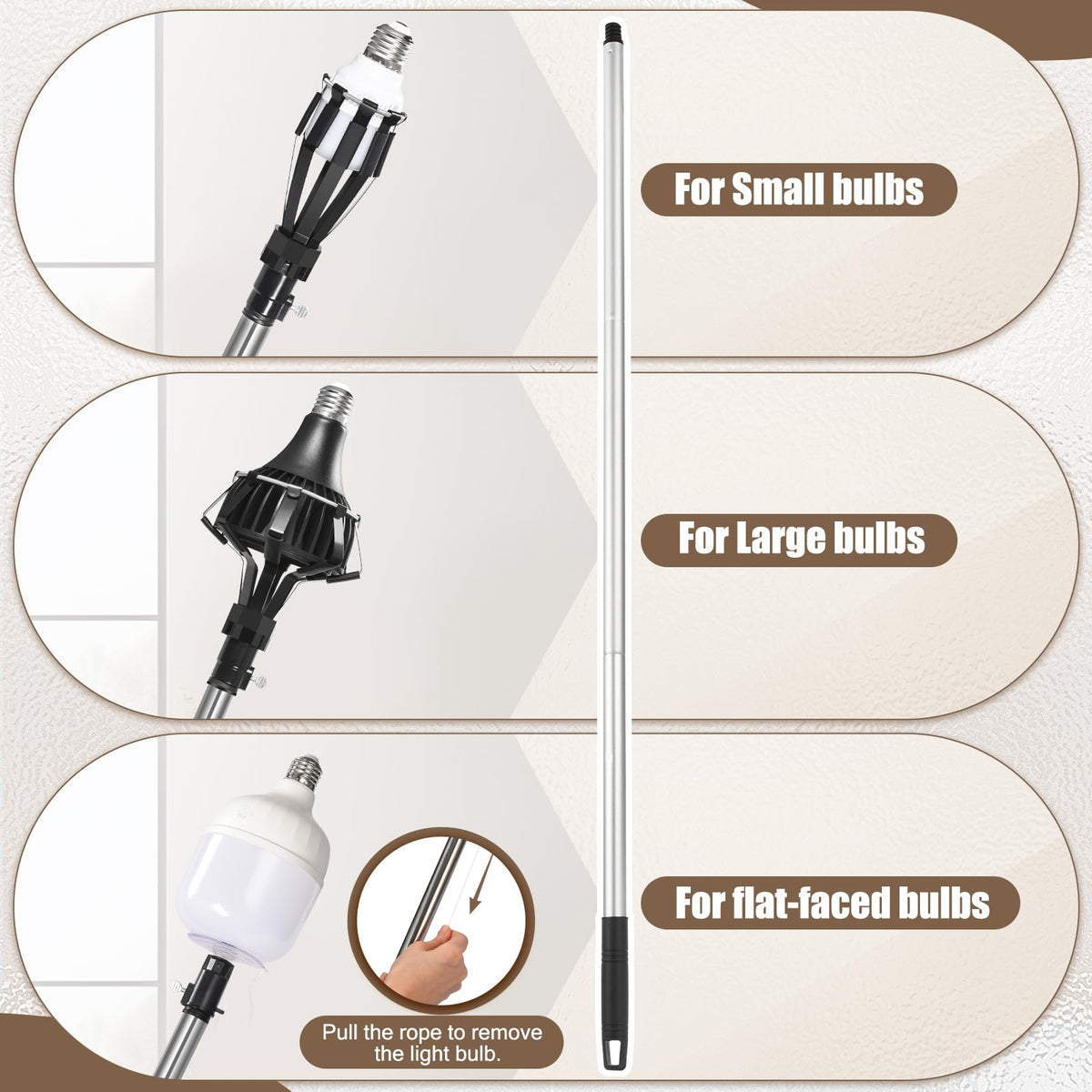 Stainless steel pole is lightweight yet sturdy for comfortable high-ceiling work.
