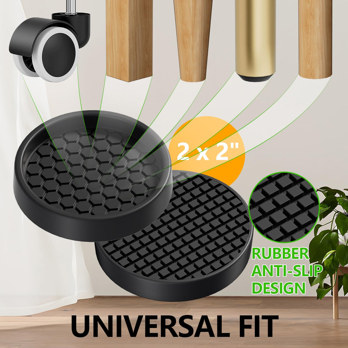 GAGUIUP caster cup on wooden floor demonstrates stability and noise reduction.
