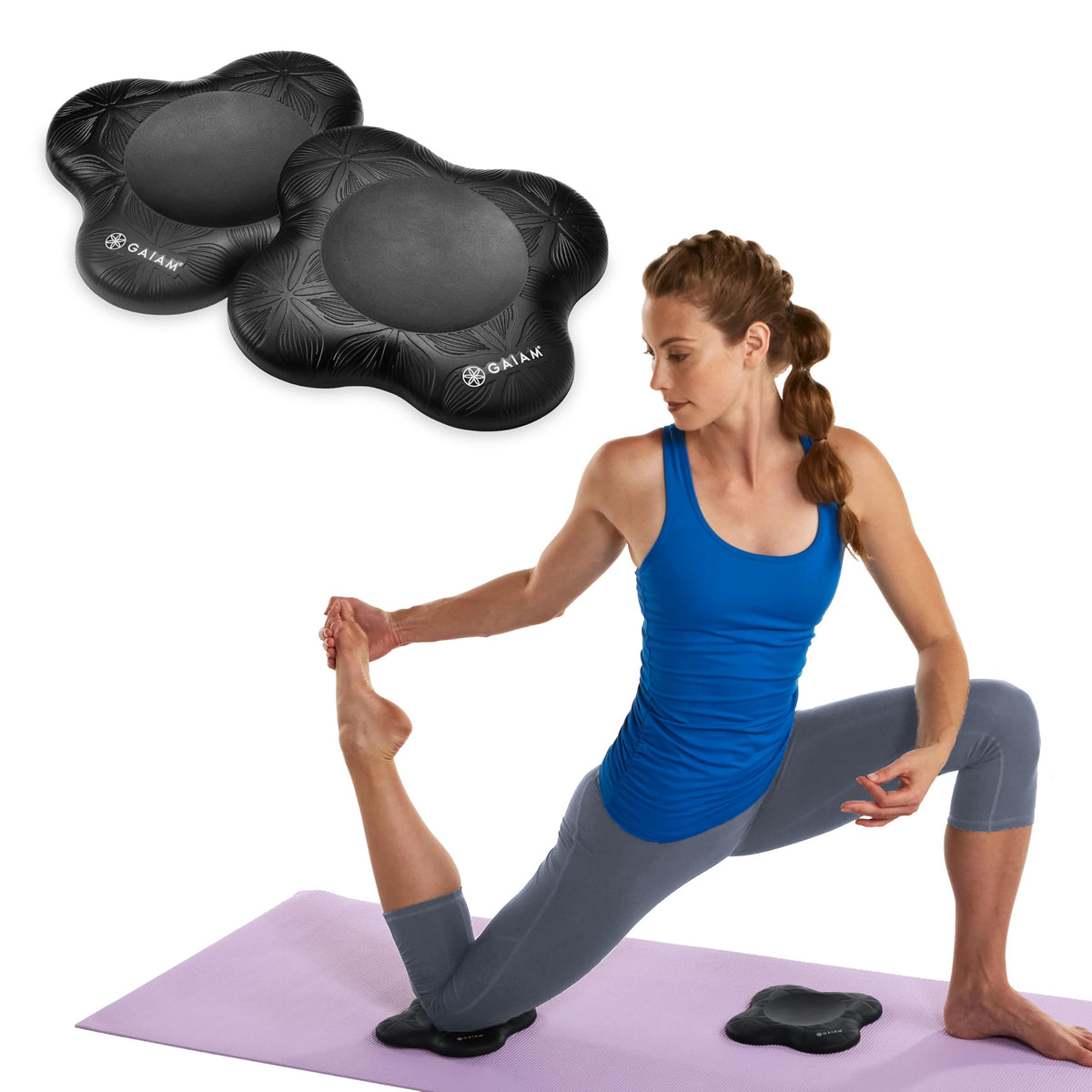Gaiam knee pad set round 7.6 inches for knee cushioning during floor poses.
