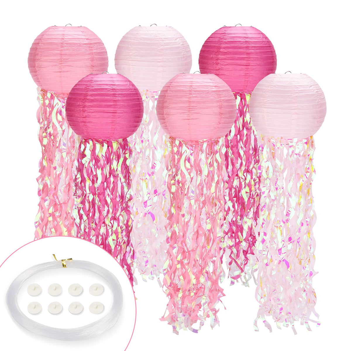 GAILROSO jellyfish lanterns in deep pink hanging above party tables for ocean vibes