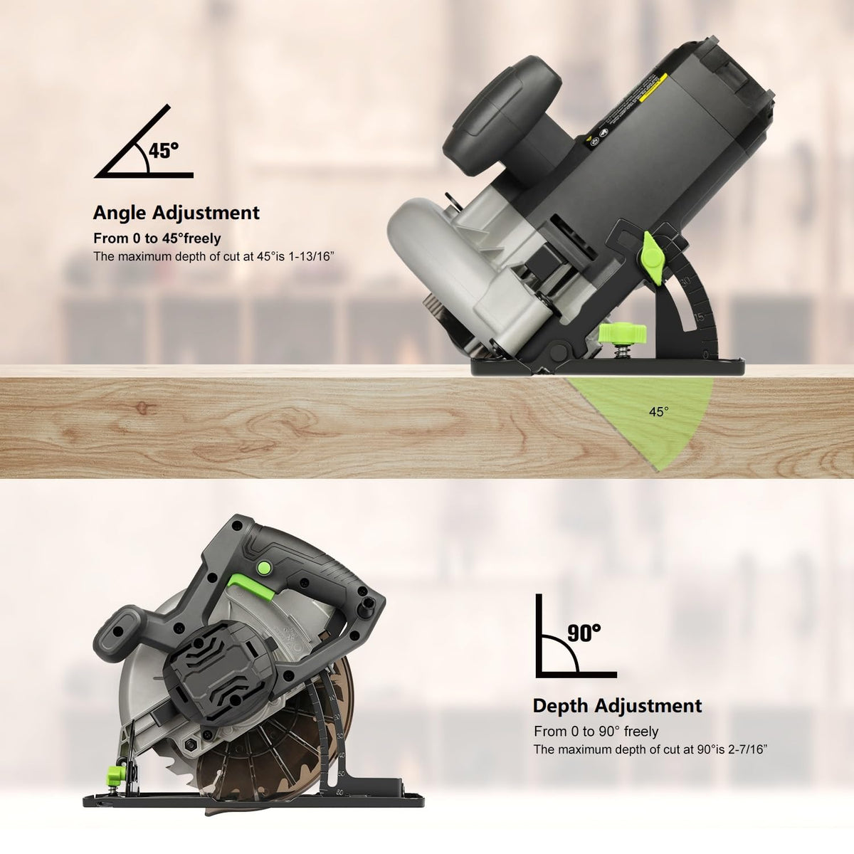 Bevel scale and tilt handle show precise 0–45° cutting capability.