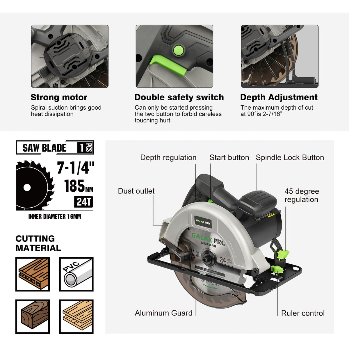 Depth and bevel adjustment mechanism enables flexible depth and angle control.