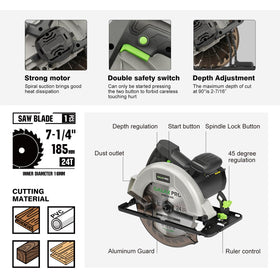 Depth and bevel adjustment mechanism enables flexible depth and angle control.