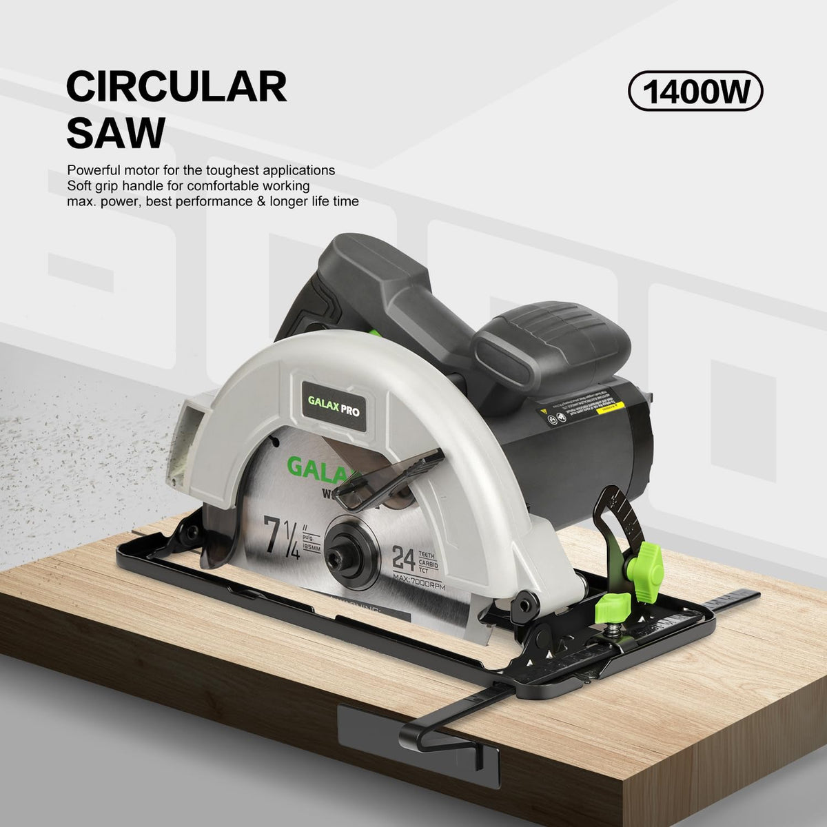 GALAX PRO circular saw left side highlights a powerful motor for clean, tough cuts.