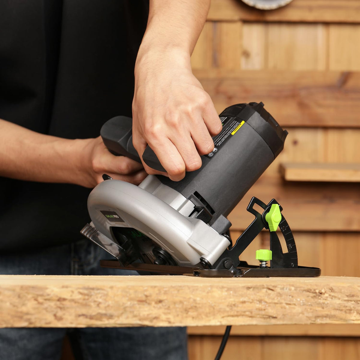In-use view shows smooth operation on wood with controllable depth.