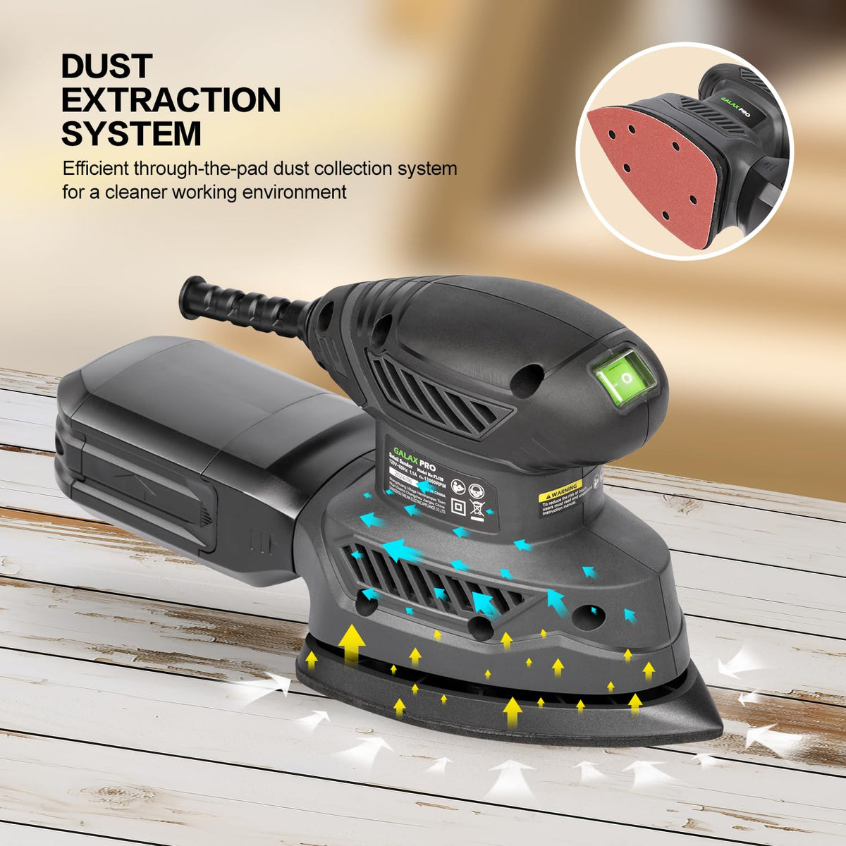 Soft rubber grip on handle enables comfortable one-handed sanding