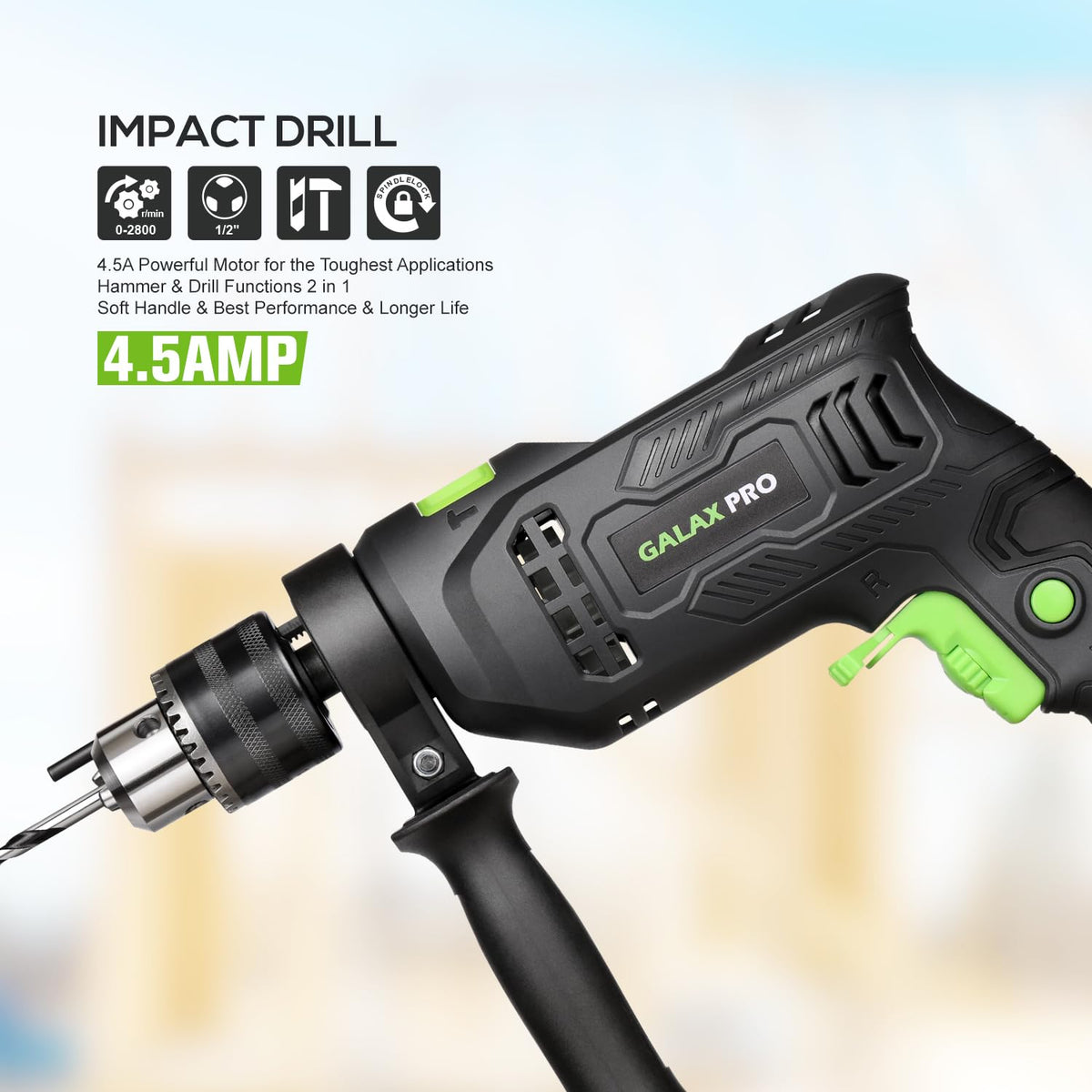 GALAX PRO 2-in-1 hammer drill ready for drilling and hammering tasks.