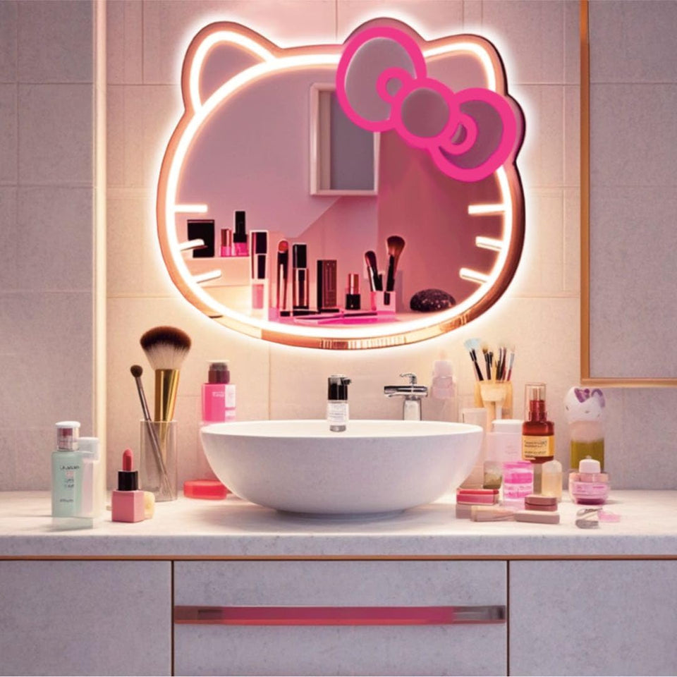 GALLIA Anime Hello Kit Mirror with pink neon cat design for chic teen room decor