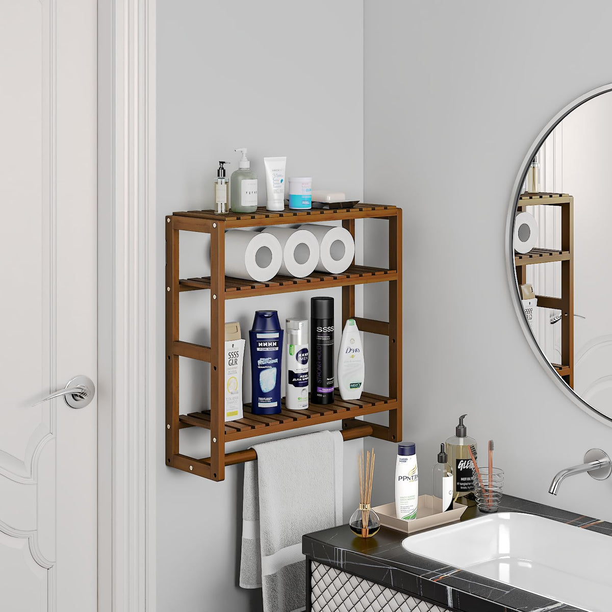 Galood bamboo towel rack and toilet paper cabinet keeps essentials within reach.