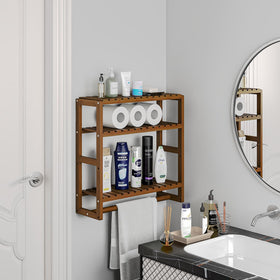 Galood bamboo towel rack and toilet paper cabinet keeps essentials within reach.