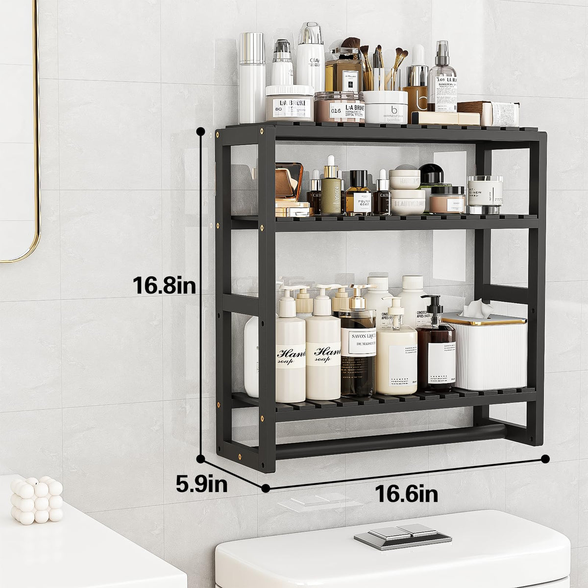 Galood bamboo towel rack stores towels and toilet paper securely.