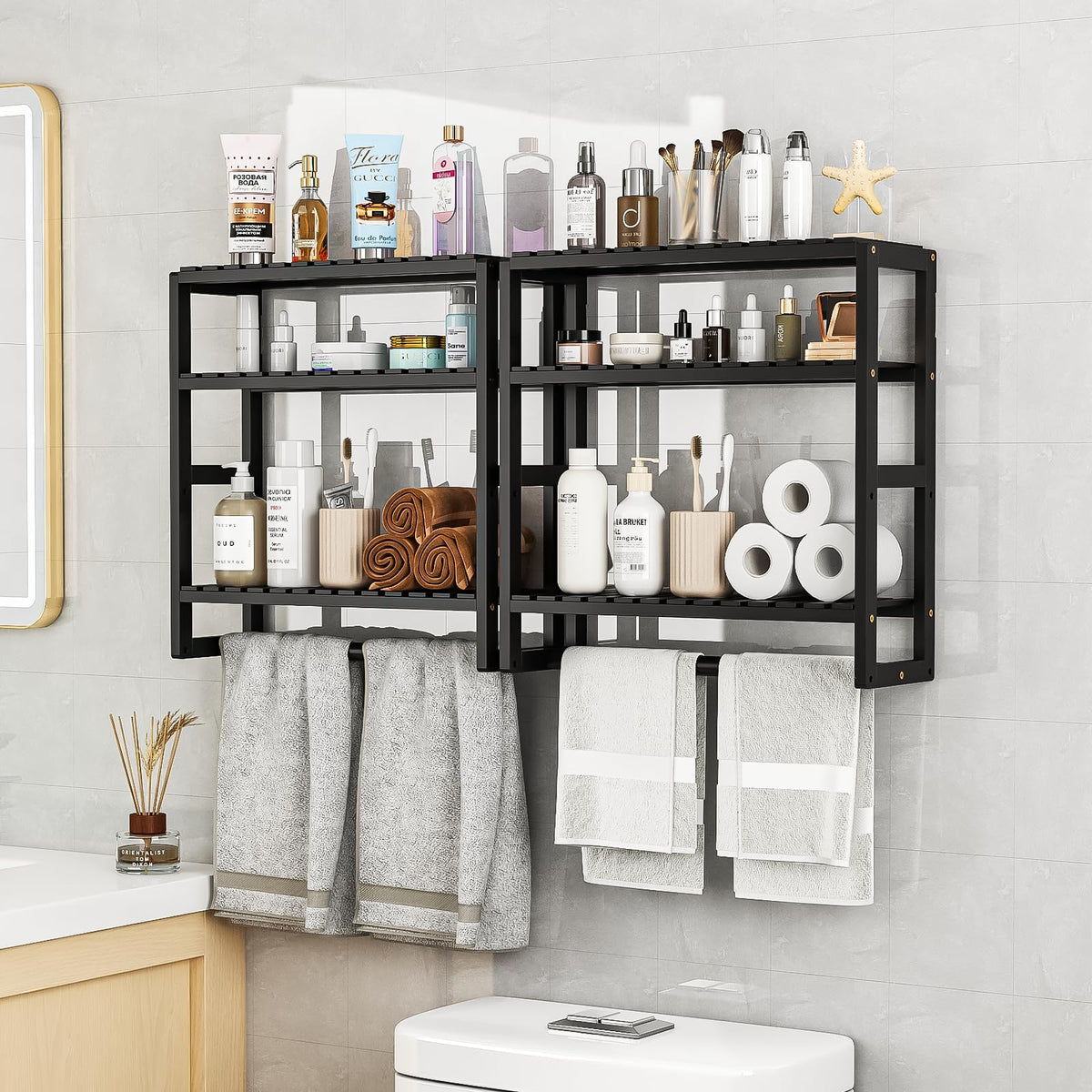 Galood over-the-toilet storage with three shelves keeps essentials neatly organized.