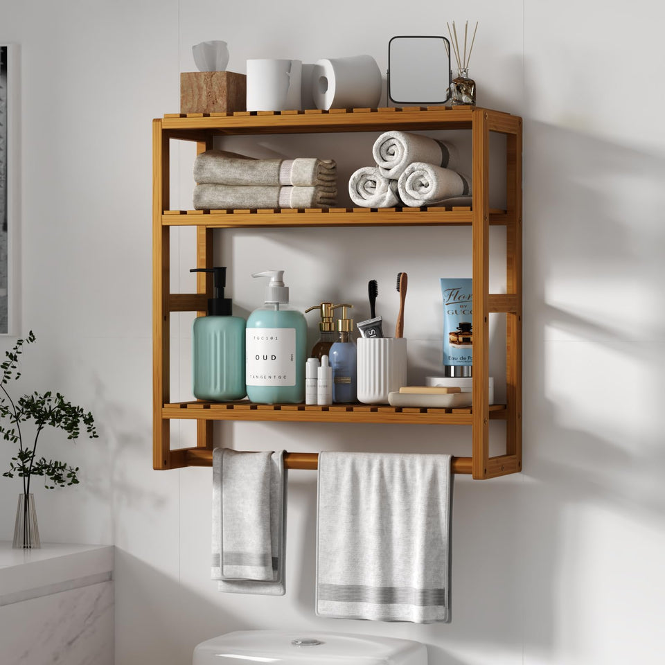 Galood over-the-toilet storage shelves offer compact 3-tier organization for towels and paper.