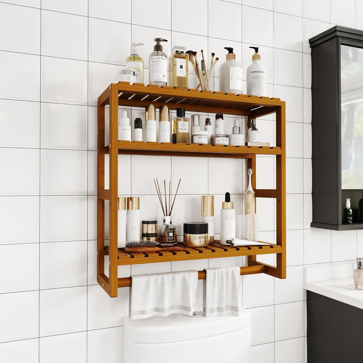 Galood wall-mounted bathroom shelf saves space while keeping items accessible.