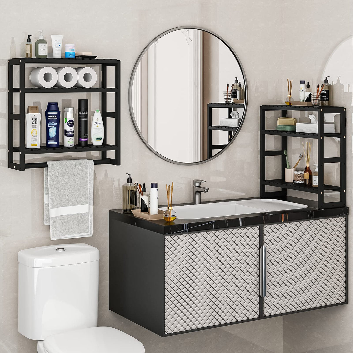 Galood wall-mounted shelf with towel bar provides versatile bathroom storage.