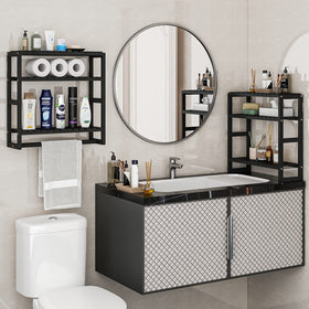 Galood wall-mounted shelf with towel bar provides versatile bathroom storage.