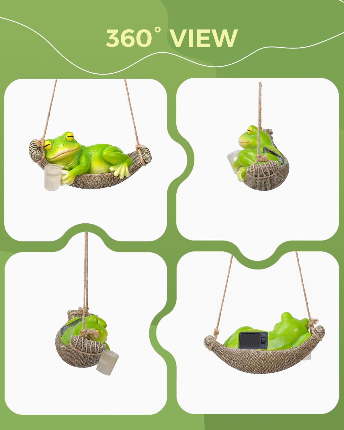 GaloTrek hammock-detail frog sculpture adds compact charm to a corner