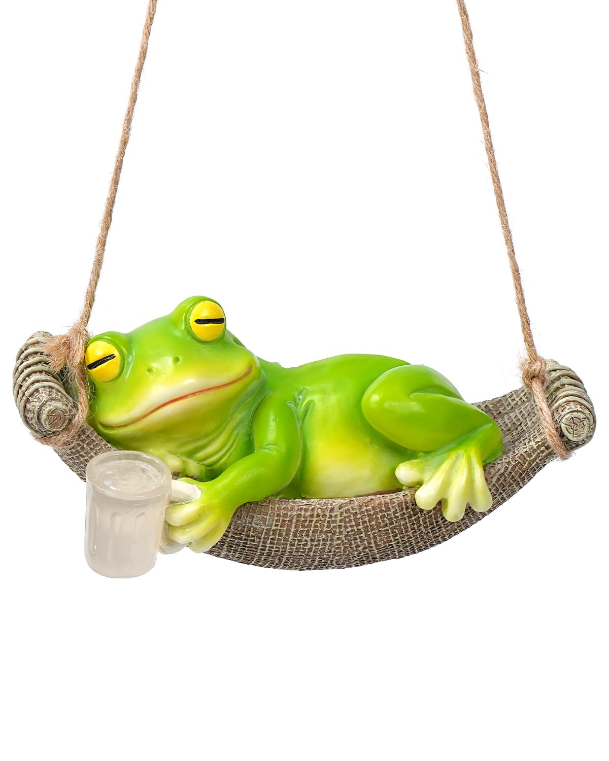 GaloTrek solar garden frog in hammock providing soft evening light for patios