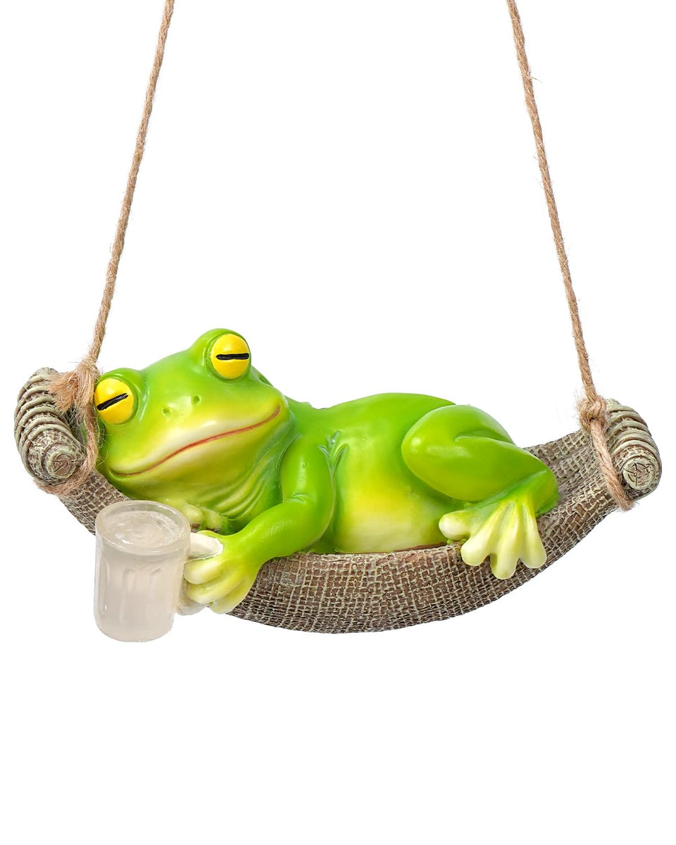 GaloTrek solar garden frog in hammock providing soft evening light for patios