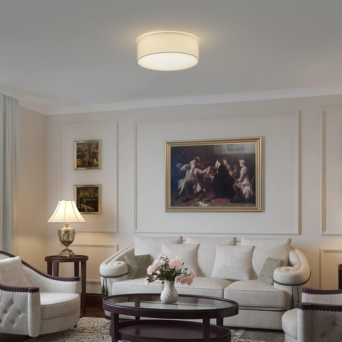 Galtlap flush-mount ceiling light enhances clean, modern farmhouse style installation.