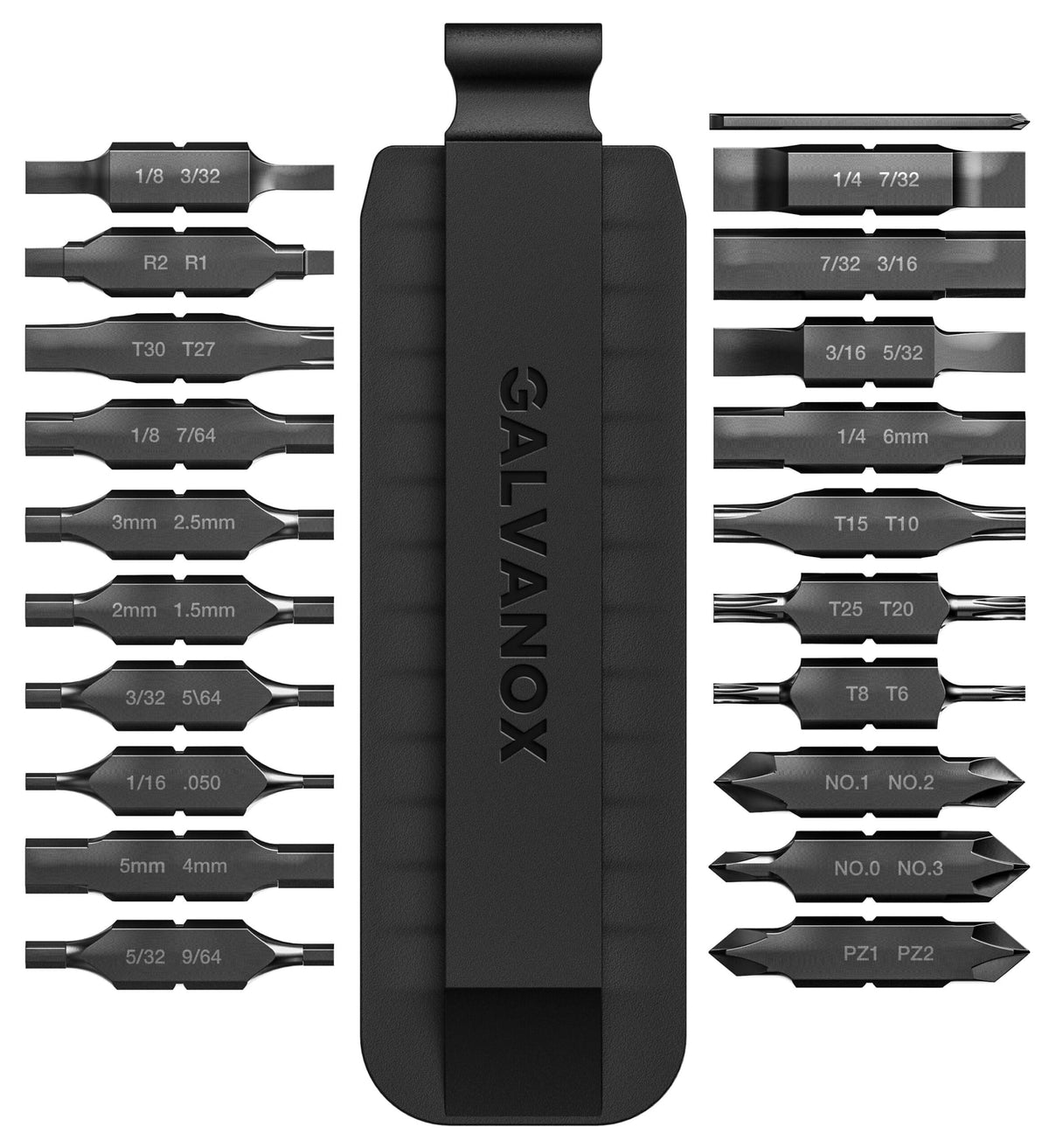Galvanox 21PC flat-bit kit showing Leatherman compatibility for field work