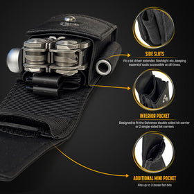 Close-up of ballistic nylon pouch with rugged stitching and rivet snap