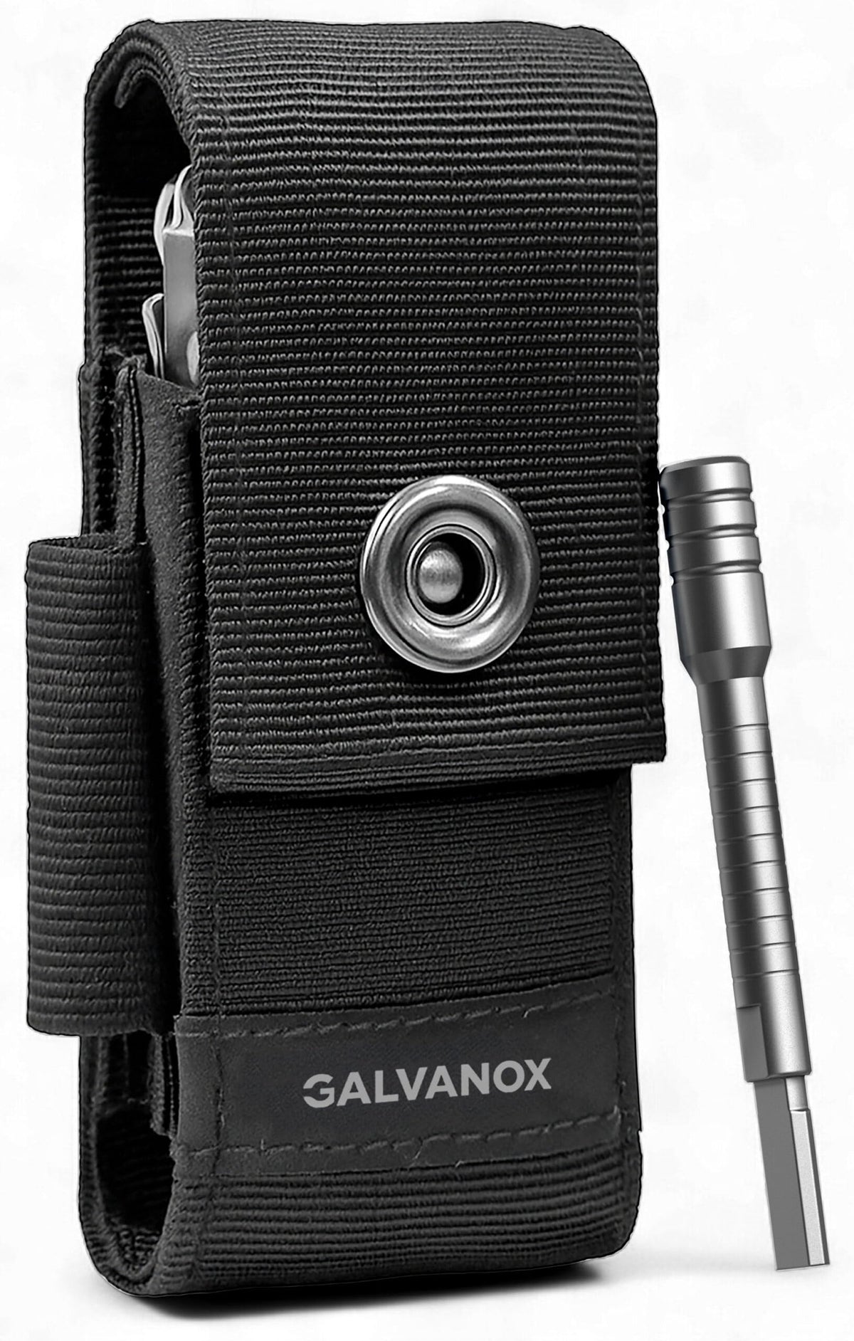 Galvanox ballistic nylon pouch with secure closure for Leatherman tools.