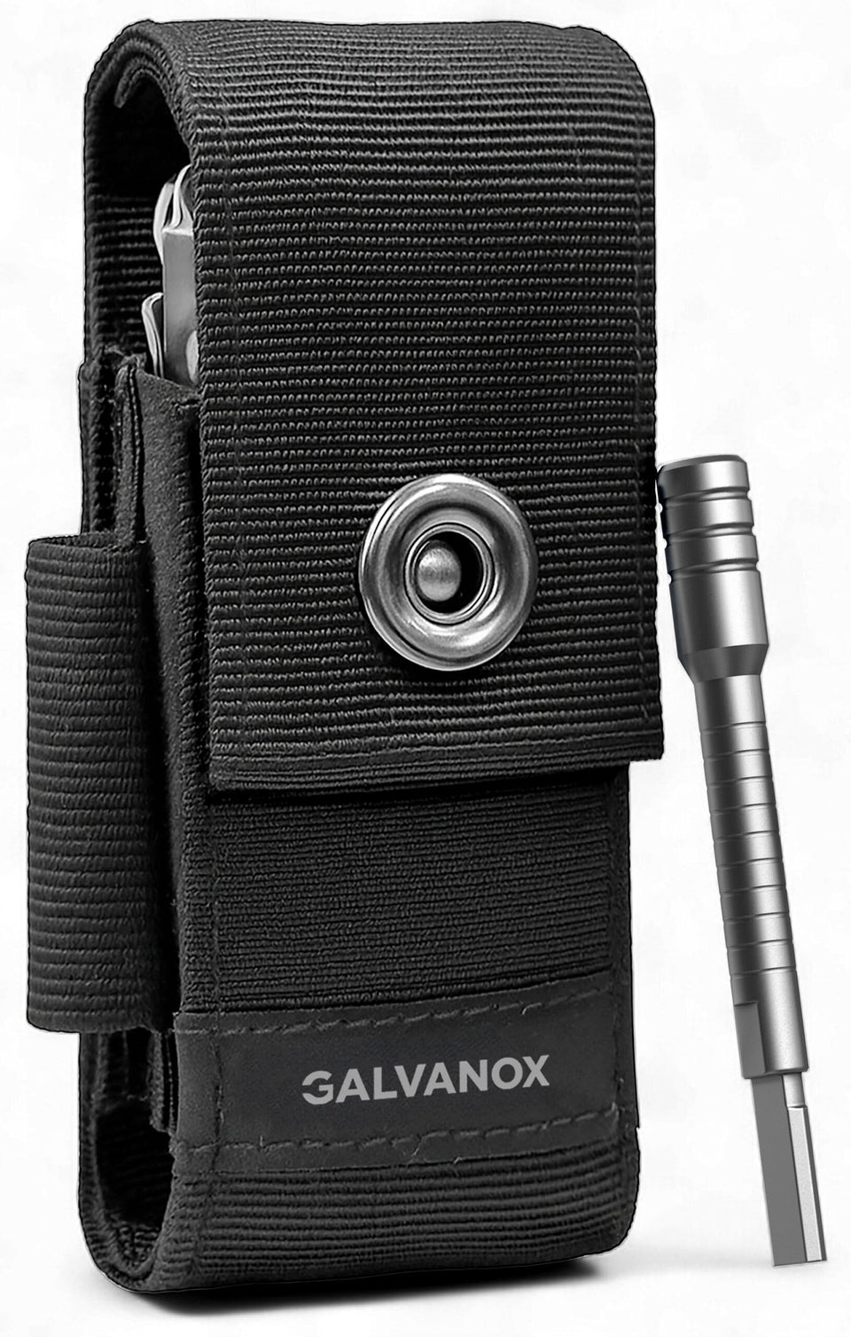 Galvanox ballistic nylon pouch with secure closure for Leatherman tools.