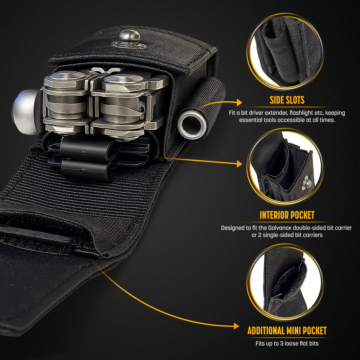 Galvanox bit driver extender provides extended reach for bits and hex bits.